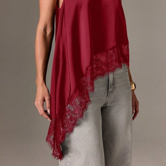 Burgundy elegant Women's Sleeveless High Neck Lace Trim Asymmetric Satin Top - Picture 5 of 5